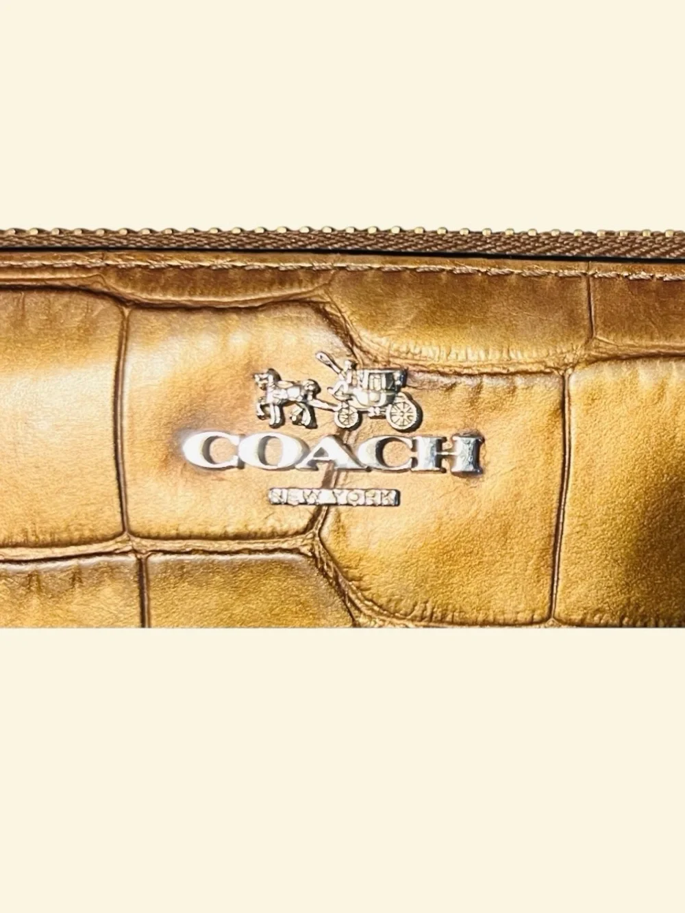 Coach Croc-Embossed Zip Wallet in Metallic Gold